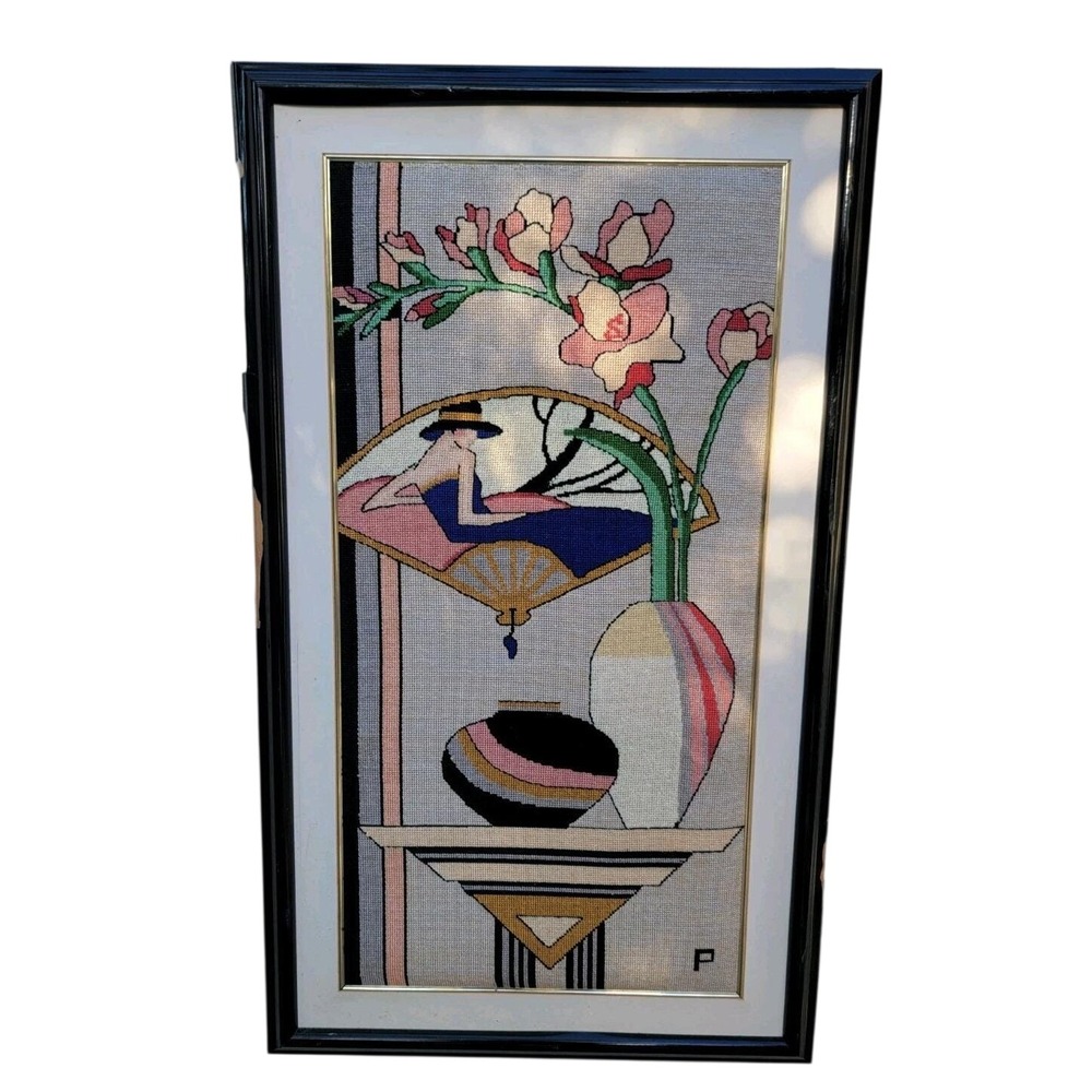 Sasi Creations Handpainted Needlepoint Canvas Framed Completed Art Deco LARGE